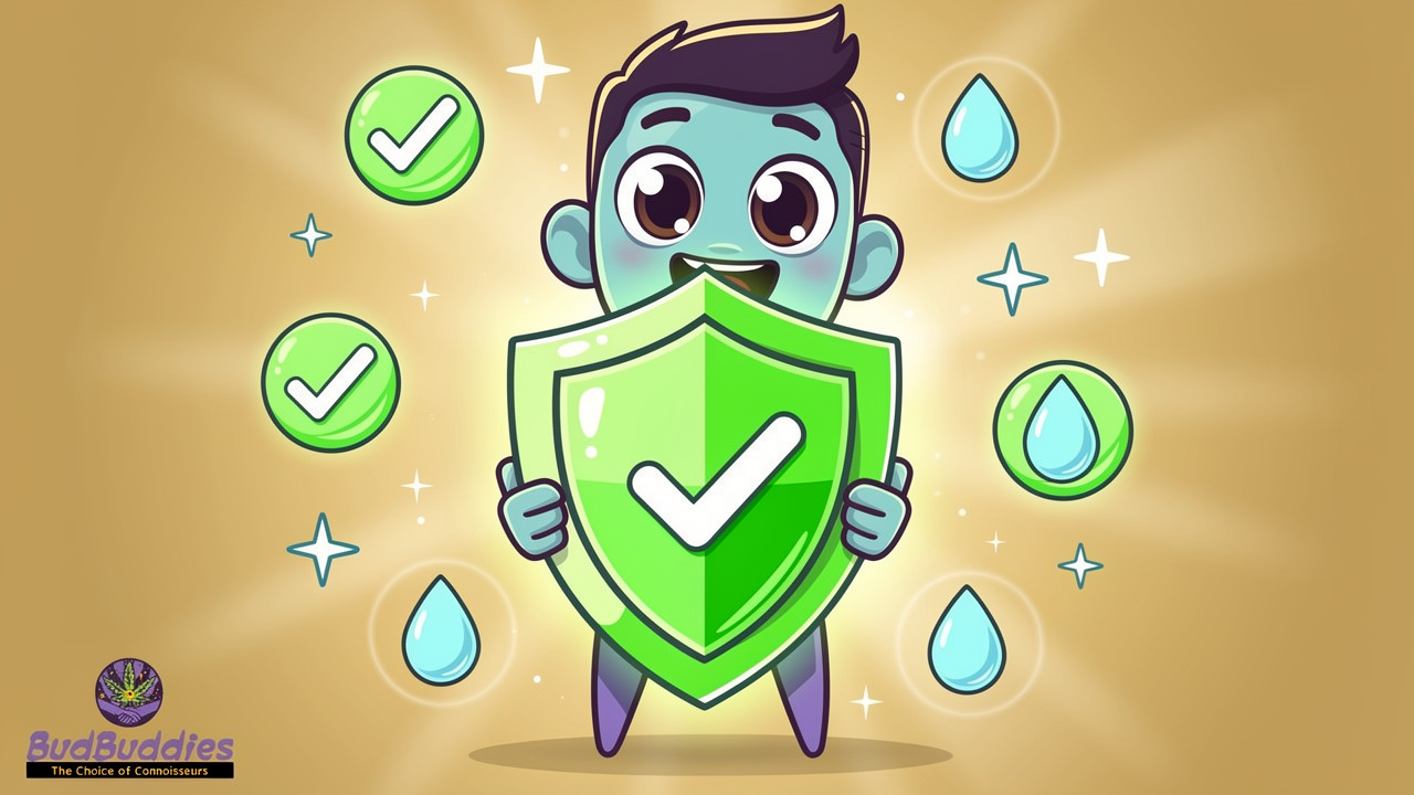 Cartoon character protected by cannabis verification safety shield
