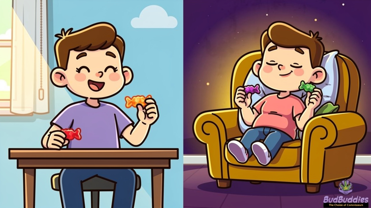 CBD versus THC gummy effects shown in cartoon split scene