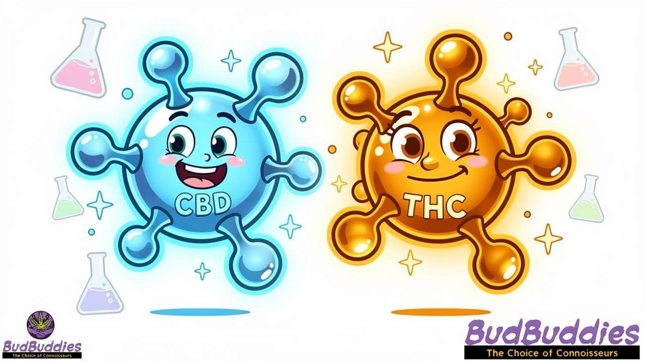 Cartoon CBD and THC molecule characters side by side