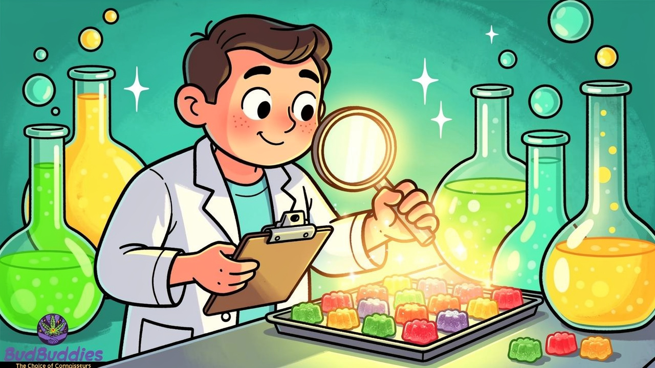 Cartoon scientist inspecting uniform THC gummy sweets for quality