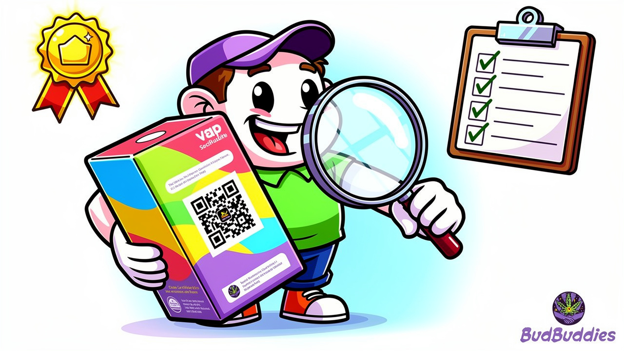 Cartoon character checking THC vape packaging and QR code