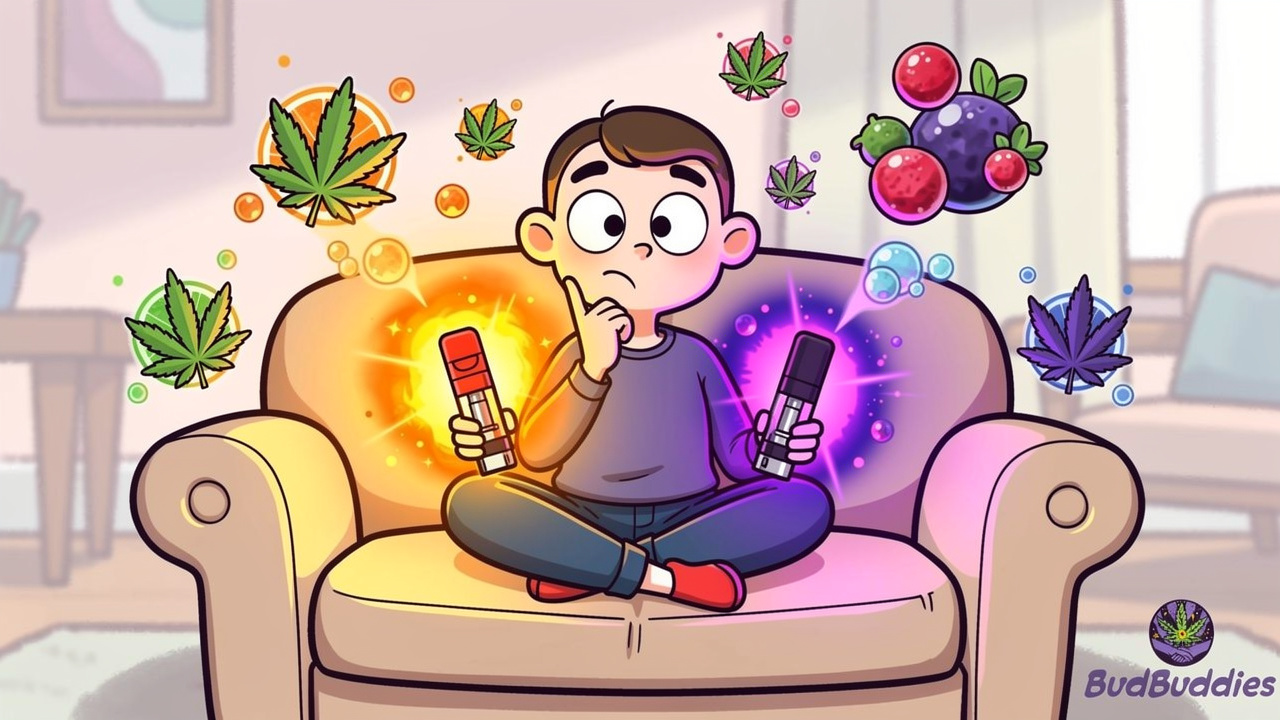 Cartoon character choosing between indica and sativa vape carts