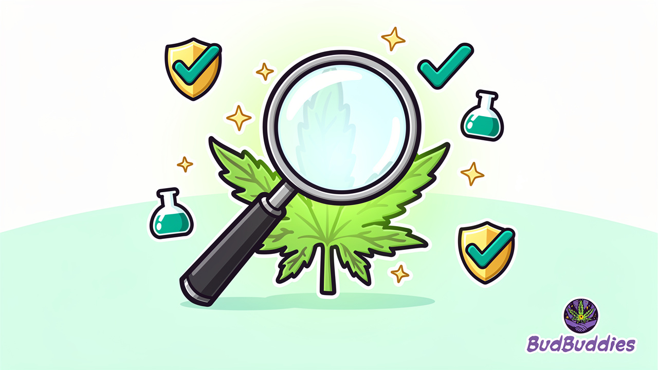 Cartoon of lab testing shield and cannabis leaf safety check