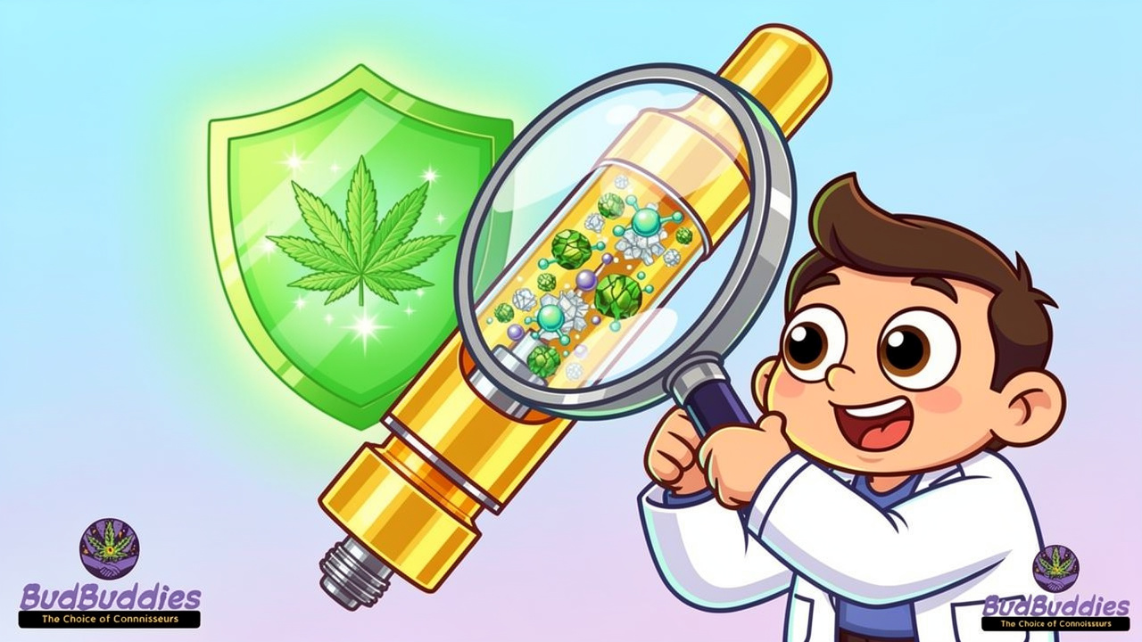 Cartoon magnifying glass checking clean vape cartridge purity