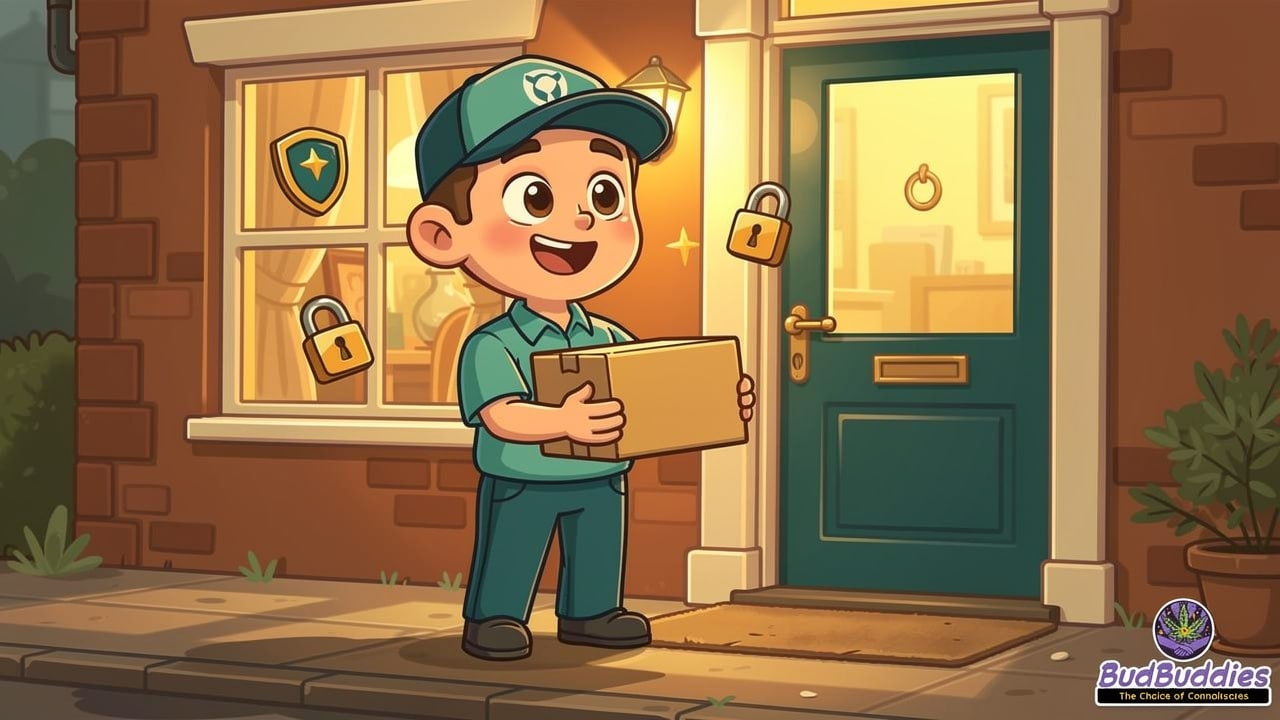 Friendly cartoon courier delivering discreet plain parcel to UK home