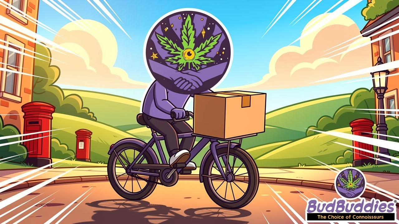 Cartoon delivery character cycling with discreet plain parcel across UK