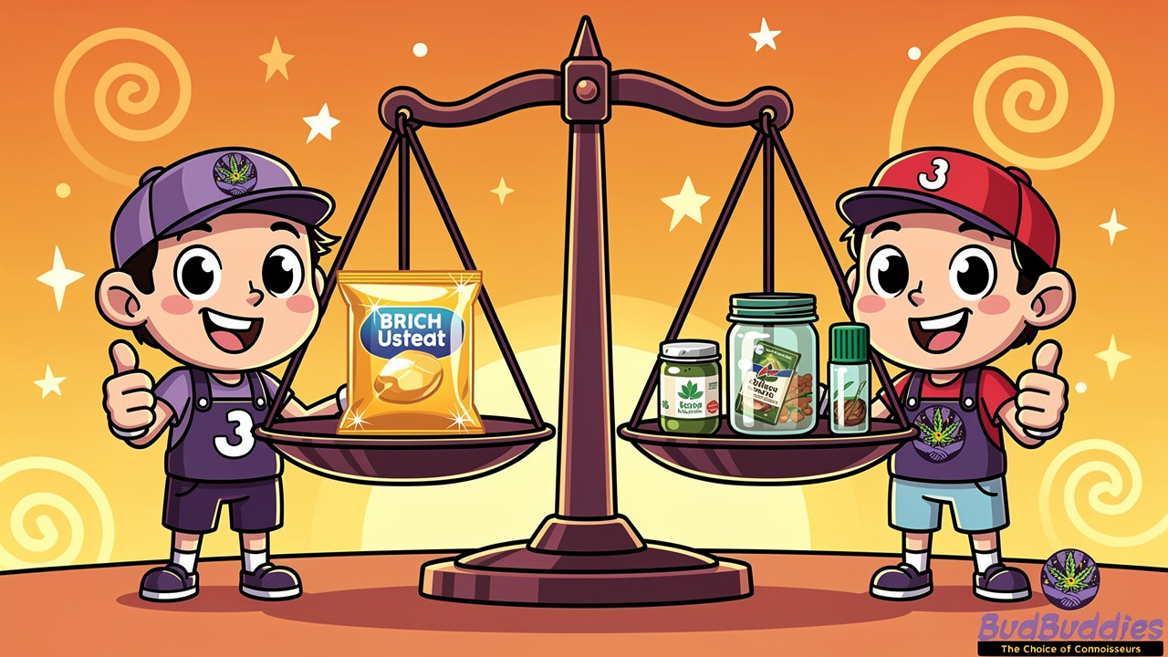 Cartoon scale comparing disposable and cartridge THC vapes
