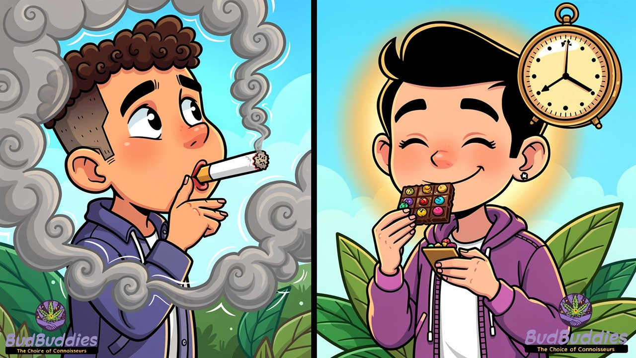 Cartoon comparing cannabis edibles effects versus smoking duration