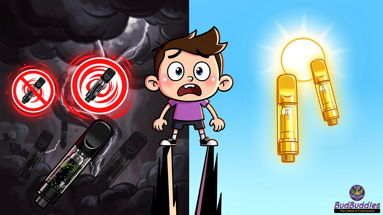 Cartoon showing dangers of fake THC vapes versus real ones