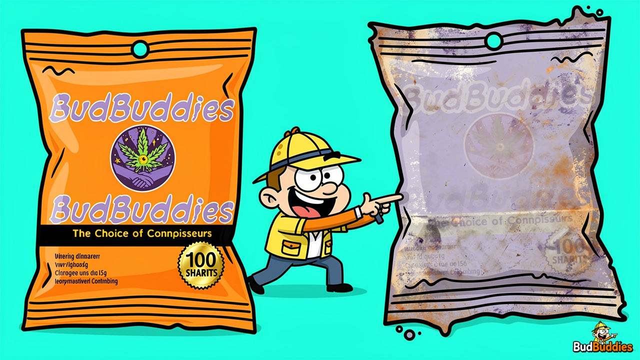 Cartoon detective comparing genuine and fake gummy packaging