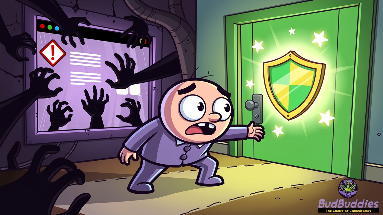 Cartoon character choosing between scam site and safe cannabis delivery