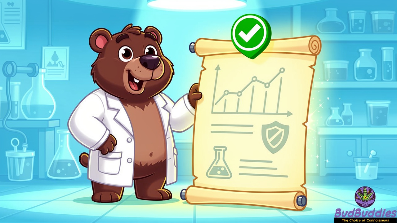 Cartoon lab character holding glowing certificate of analysis