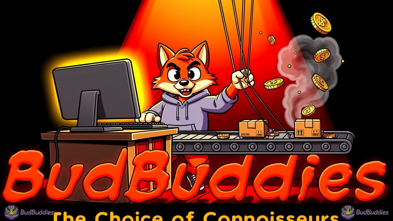 Cartoon fox scammer pulling strings behind fake online shop