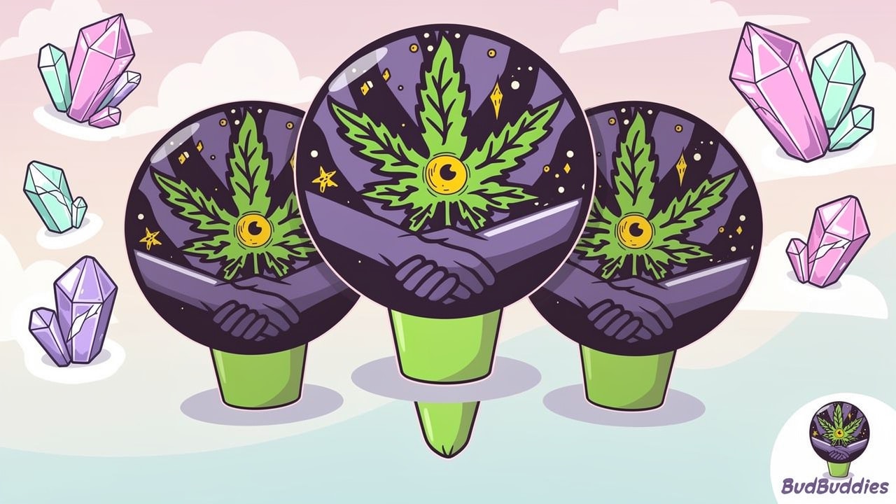 Cartoon characters representing indica, sativa, and hybrid cannabis strains