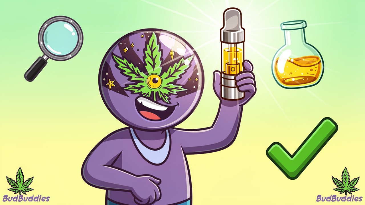 Cartoon character inspecting clear golden THC vape oil in cartridge