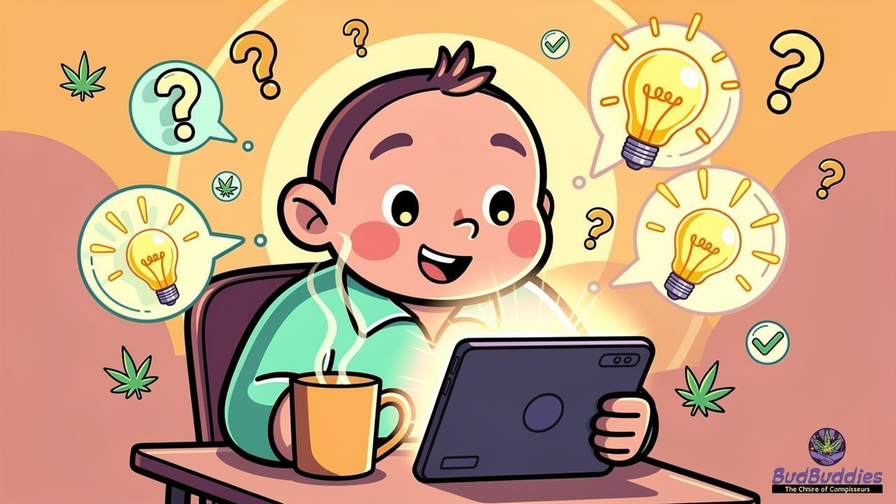 Cartoon character finding clear answers about medical cannabis online