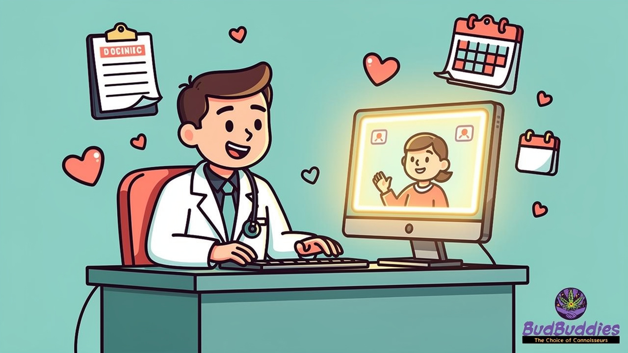 Cartoon specialist doctor conducting video consultation for cannabis prescription