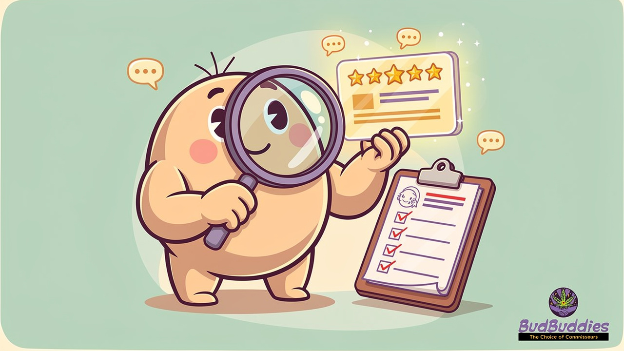 Cartoon character carefully examining online delivery reviews