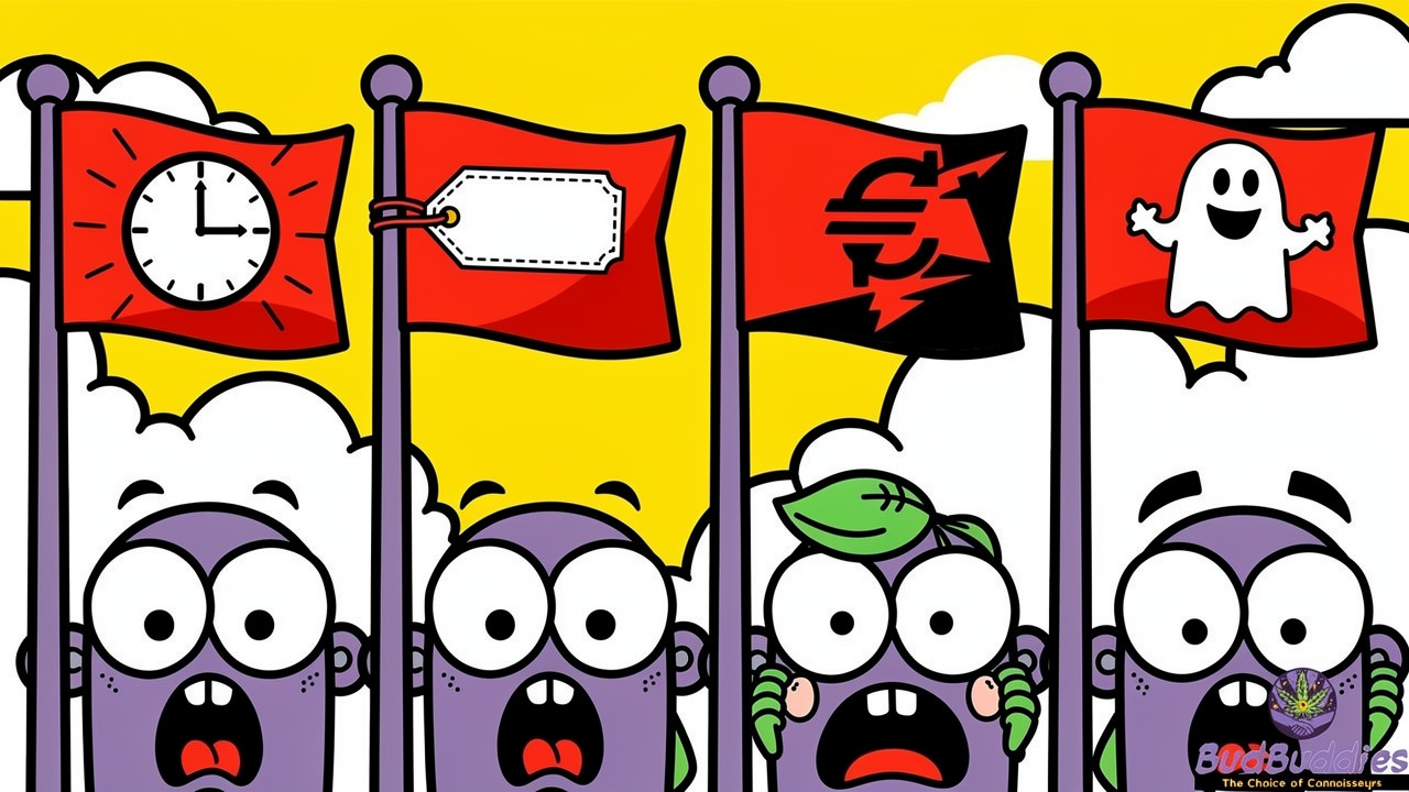 Cartoon red warning flags for fake cannabis websites