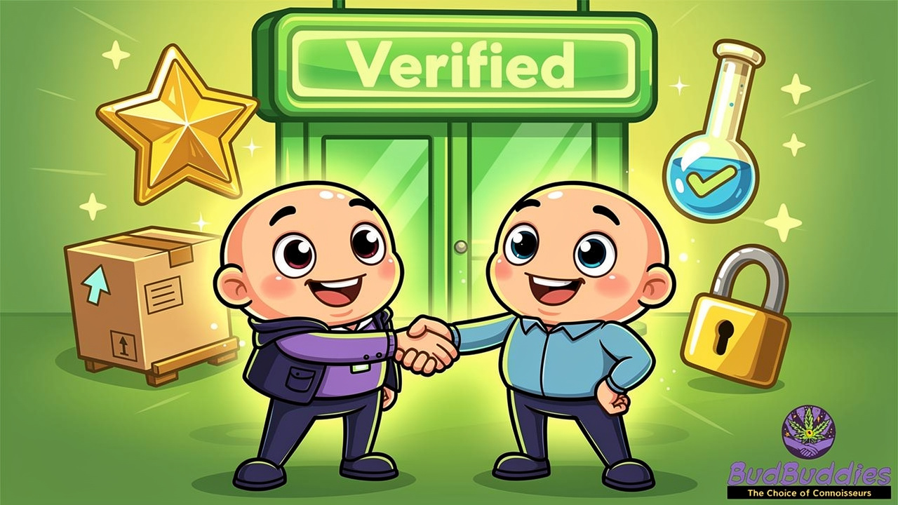 Cartoon characters shaking hands with trusted cannabis retailer