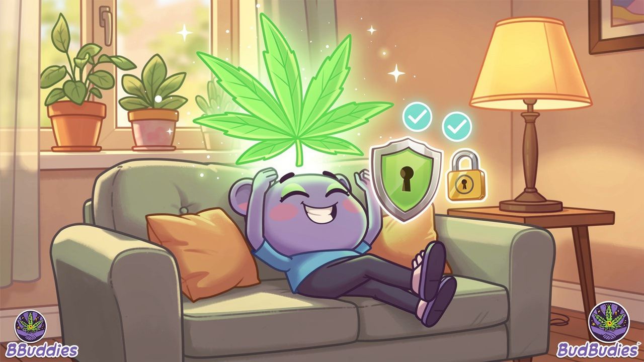 Relaxed cartoon character enjoying safe, verified cannabis at home