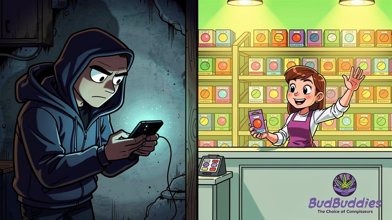 Cartoon comparing risky street seller to trustworthy legitimate supplier
