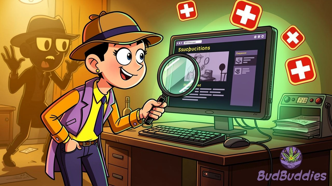 Cartoon detective spotting warning signs of a fake cannabis delivery site
