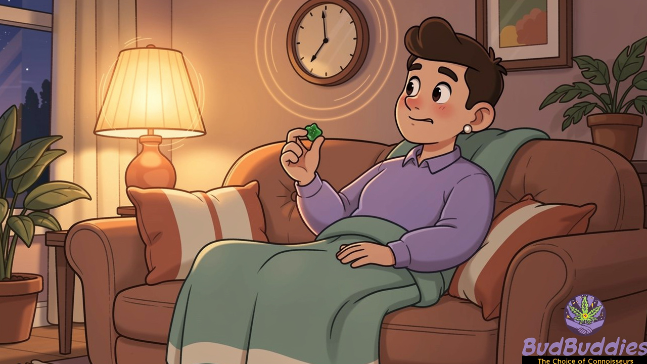 Person relaxing at home practising careful cannabis edible dosing