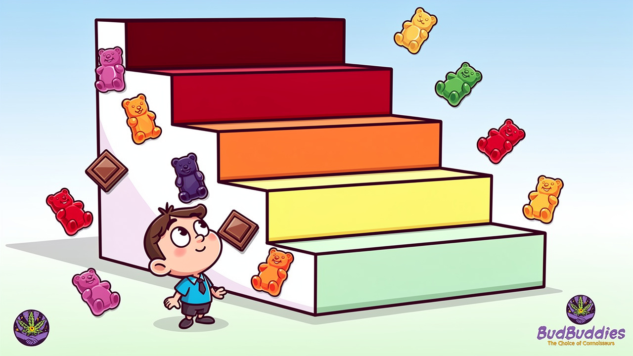 Cartoon dosing ladder showing beginner to advanced THC levels