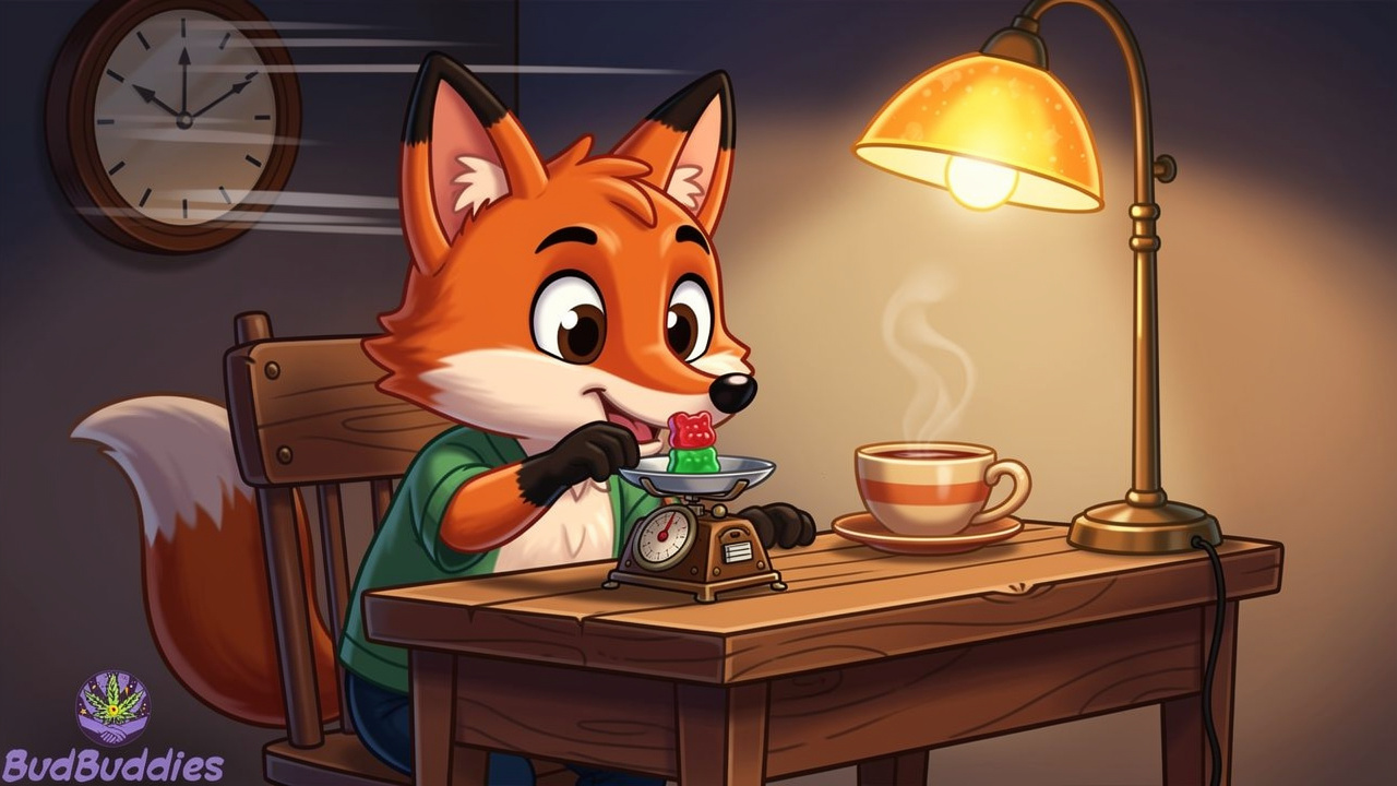 Cartoon fox carefully weighing a single THC gummy edible
