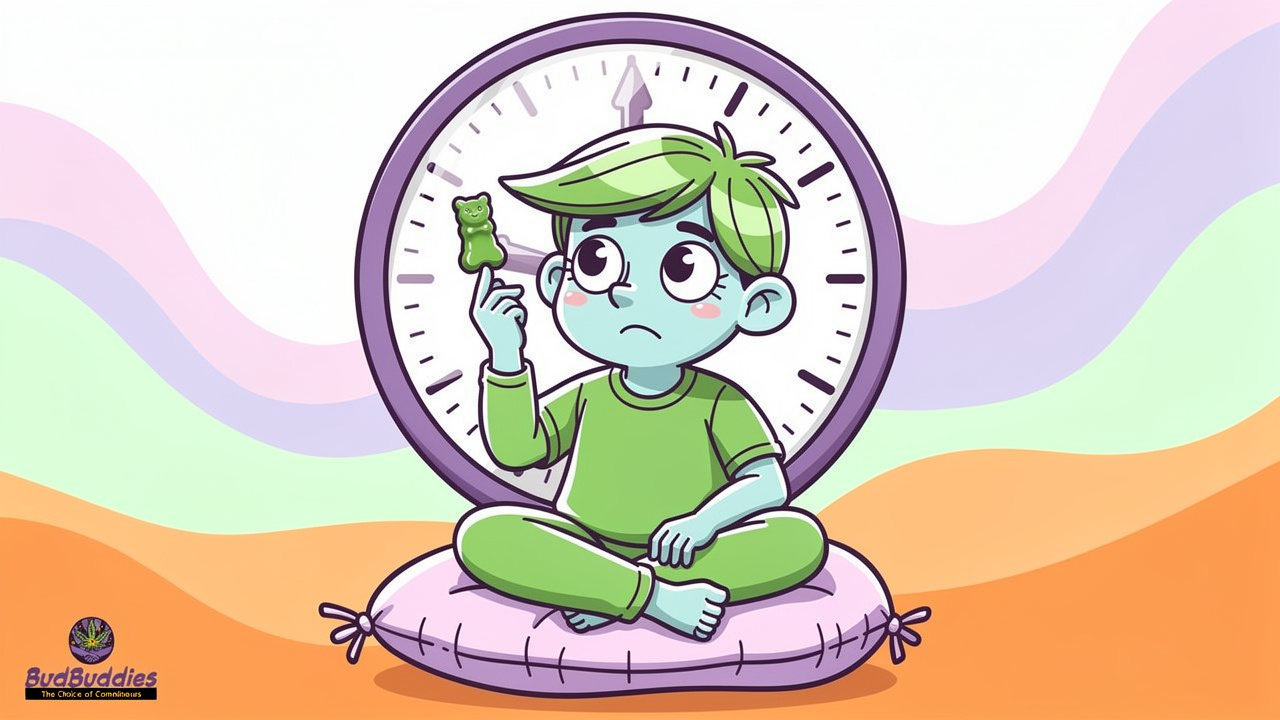 Cartoon character calmly dosing a single THC gummy edible