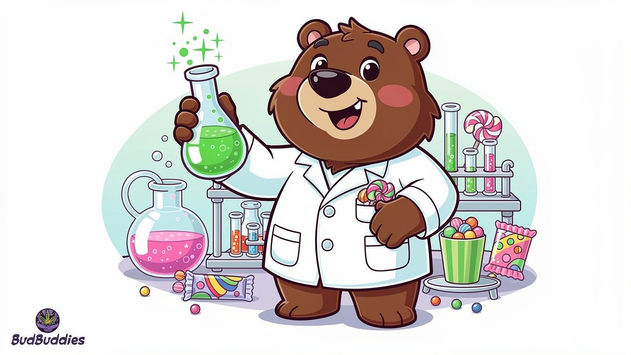 Cartoon scientist bear inspecting THC edibles in laboratory