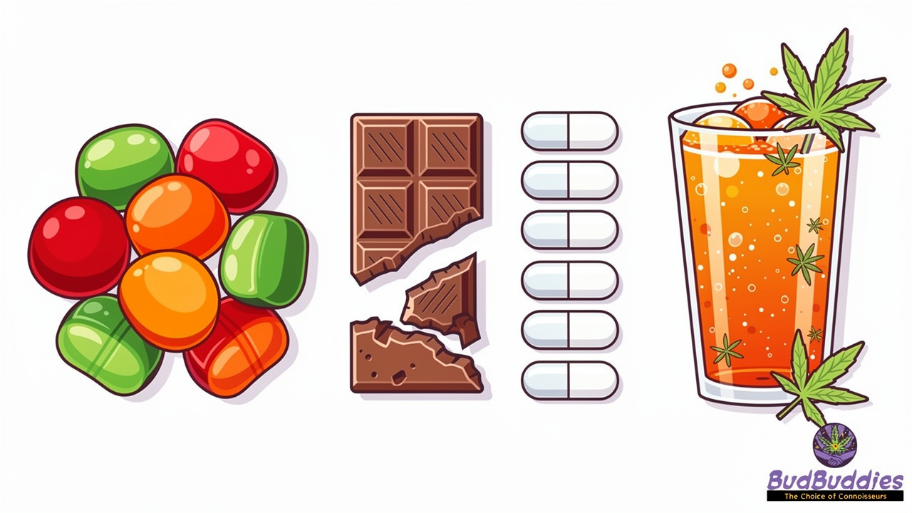 Cartoon illustration of different types of THC edibles