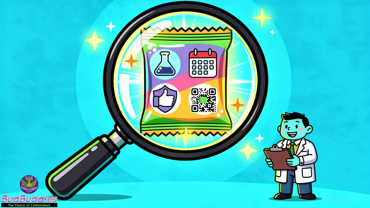 Cartoon scientist checking gummy packaging label details