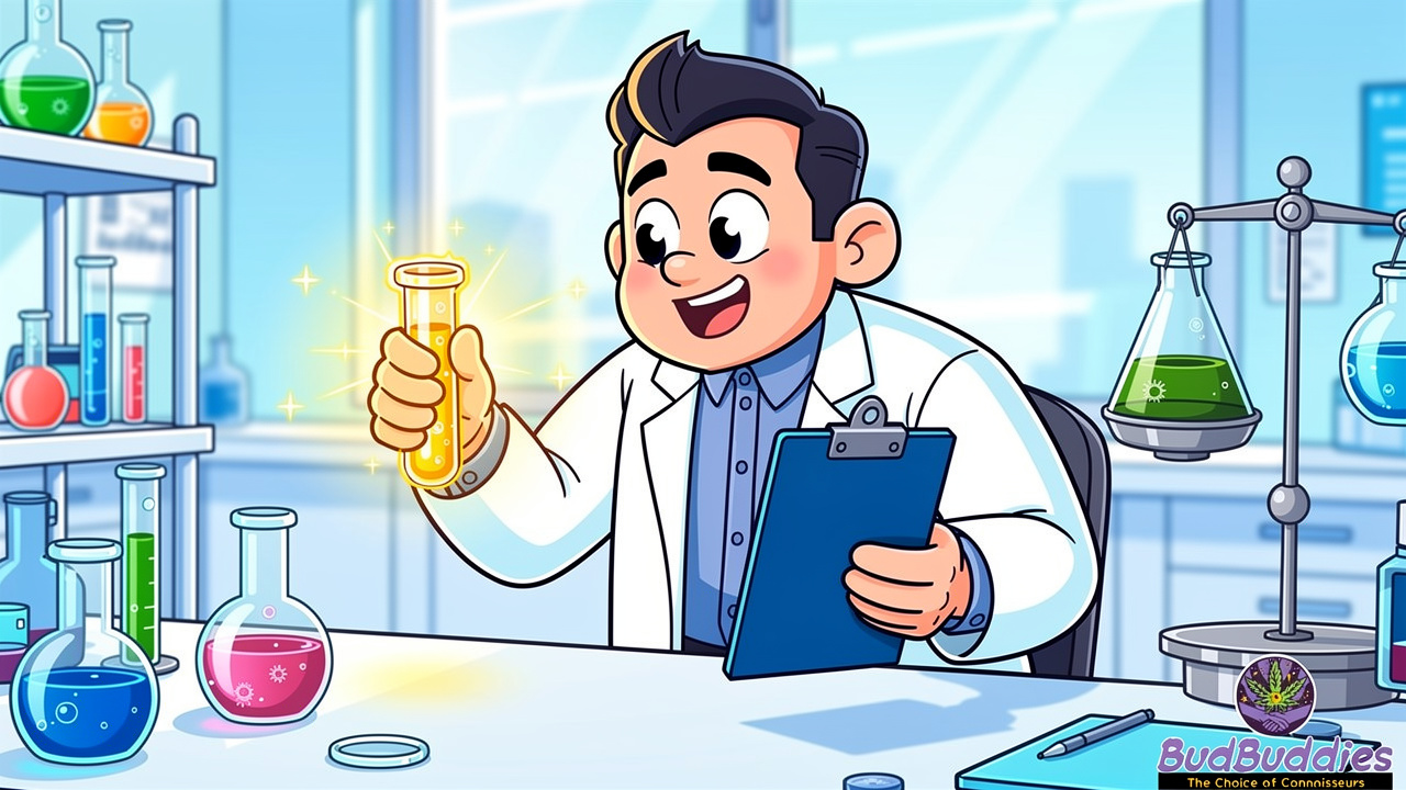 Cartoon scientist testing THC sweet quality in laboratory