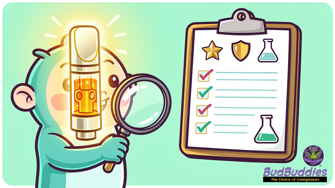 Cartoon character inspecting THC vape cartridge quality