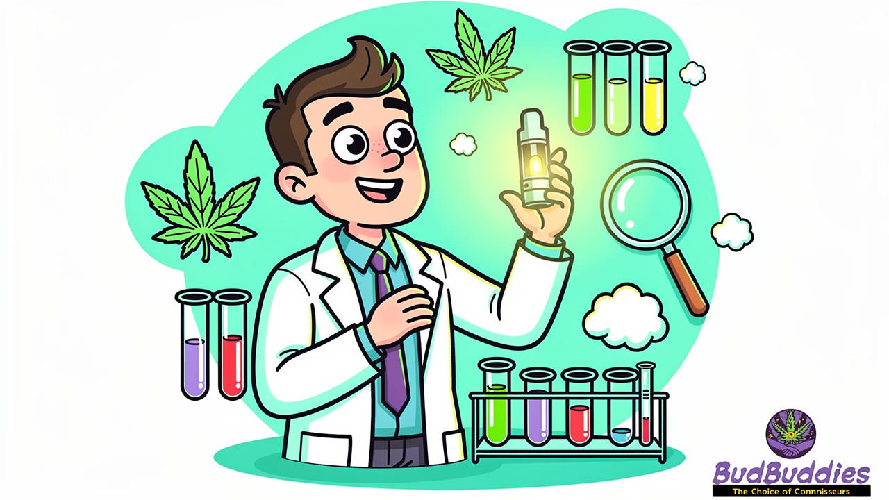 Cartoon scientist checking THC vape quality with lab testing