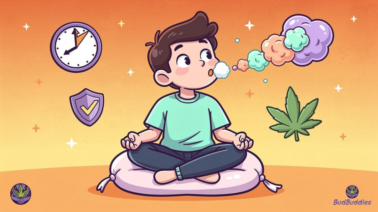 Relaxed cartoon character exhaling THC vape vapour