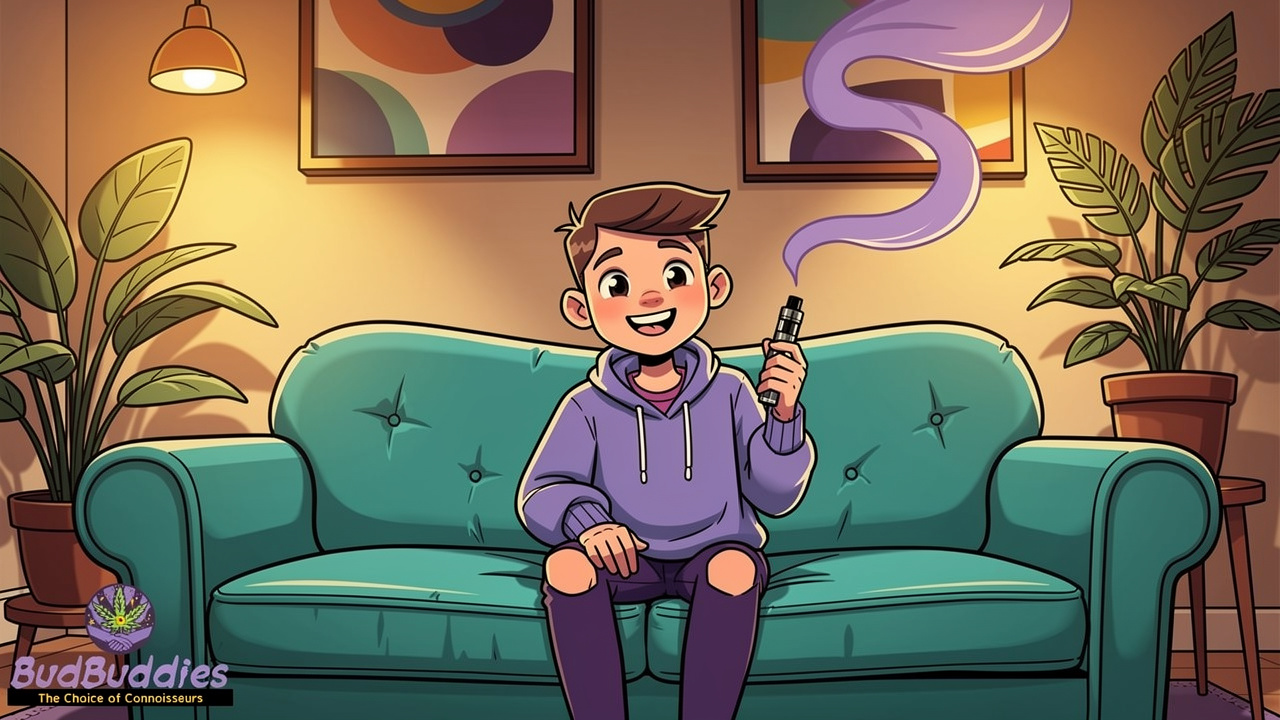 Relaxed cartoon character enjoying a THC vape at home