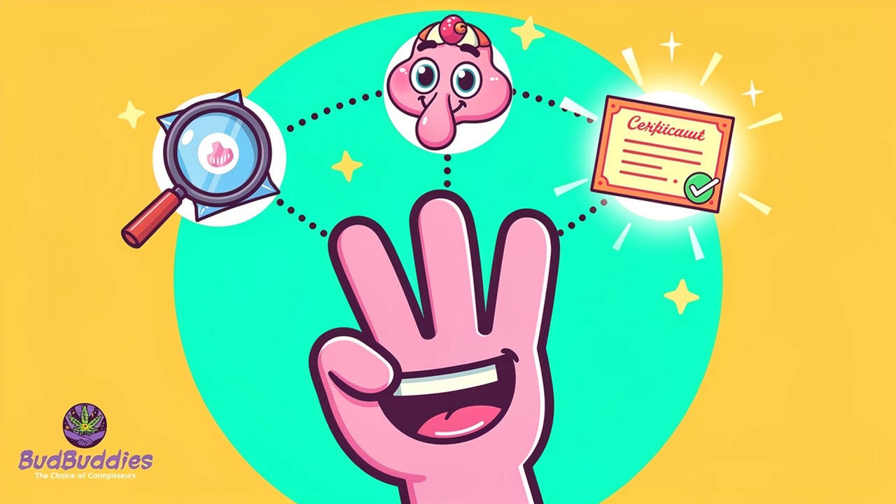 Cartoon character showing three-step checklist for spotting fake edibles