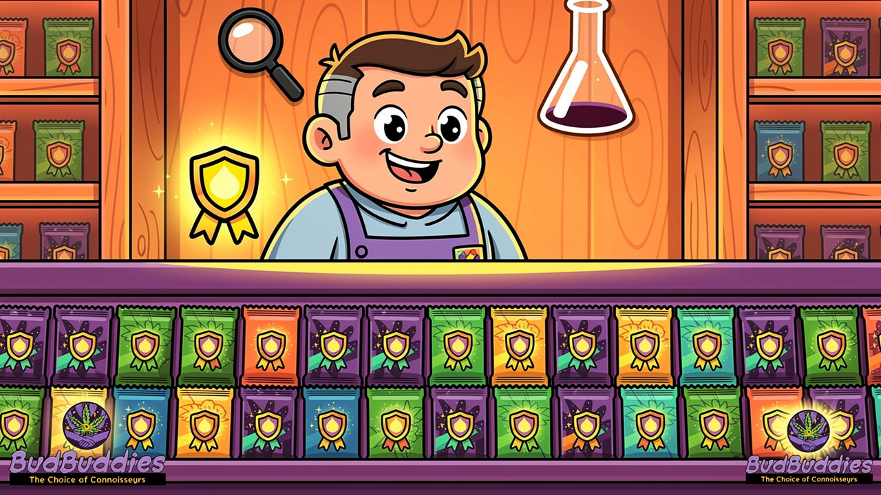 Friendly cartoon shopkeeper with quality-checked gummy products