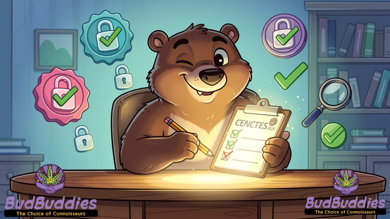 Cartoon bear verifying trustworthy cannabis retailer checklist