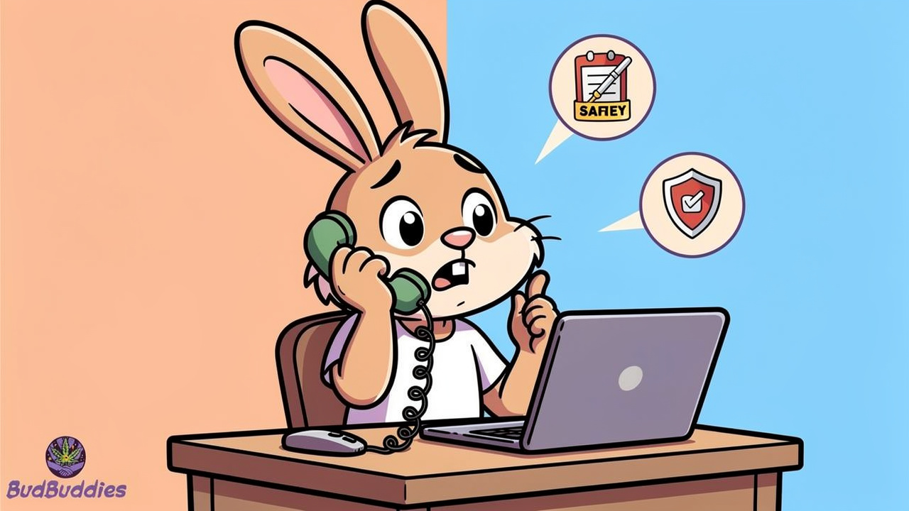 Cartoon rabbit reporting cannabis scam to bank and authorities