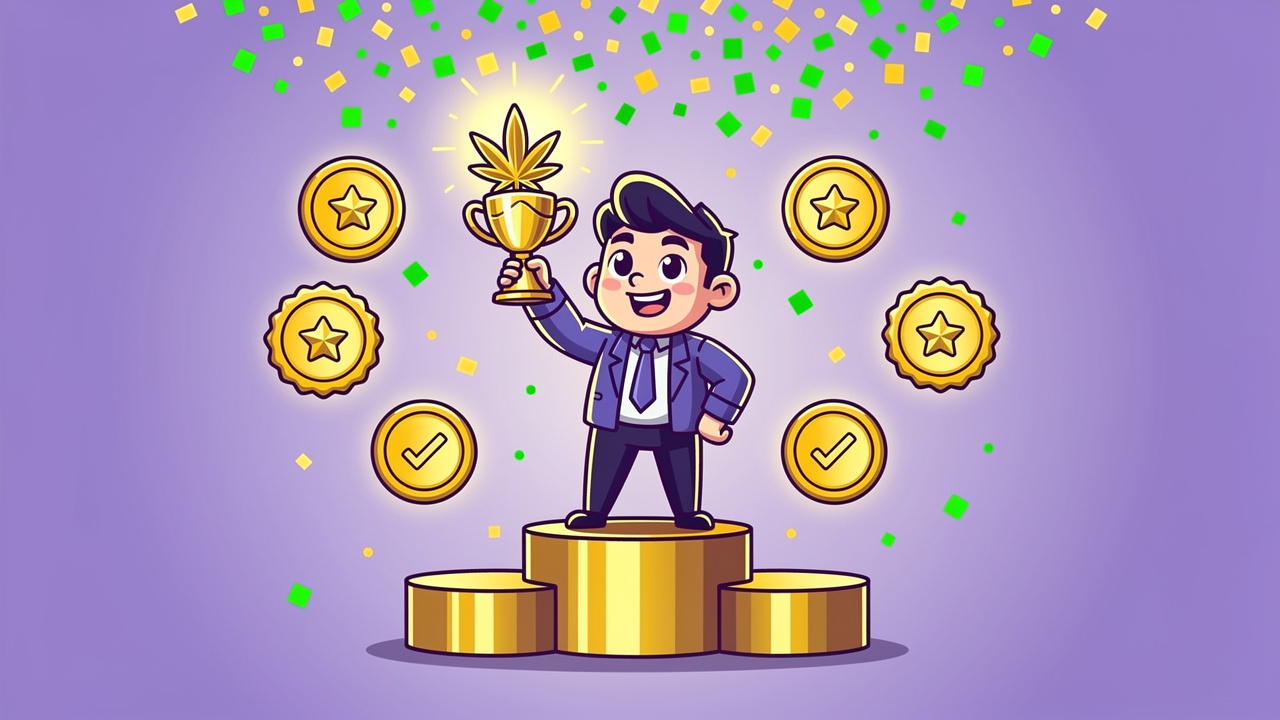 Cartoon character celebrating premium AAAA cannabis flower quality