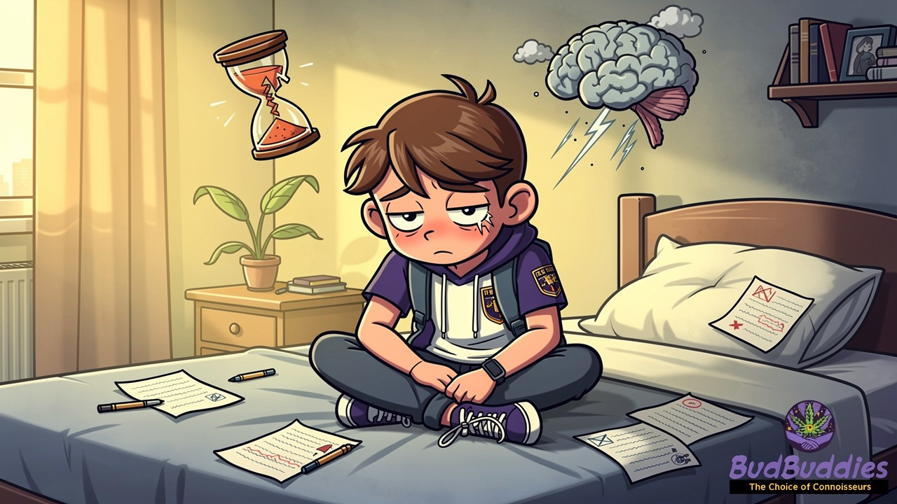 Cartoon student showing signs of academic burnout exhaustion