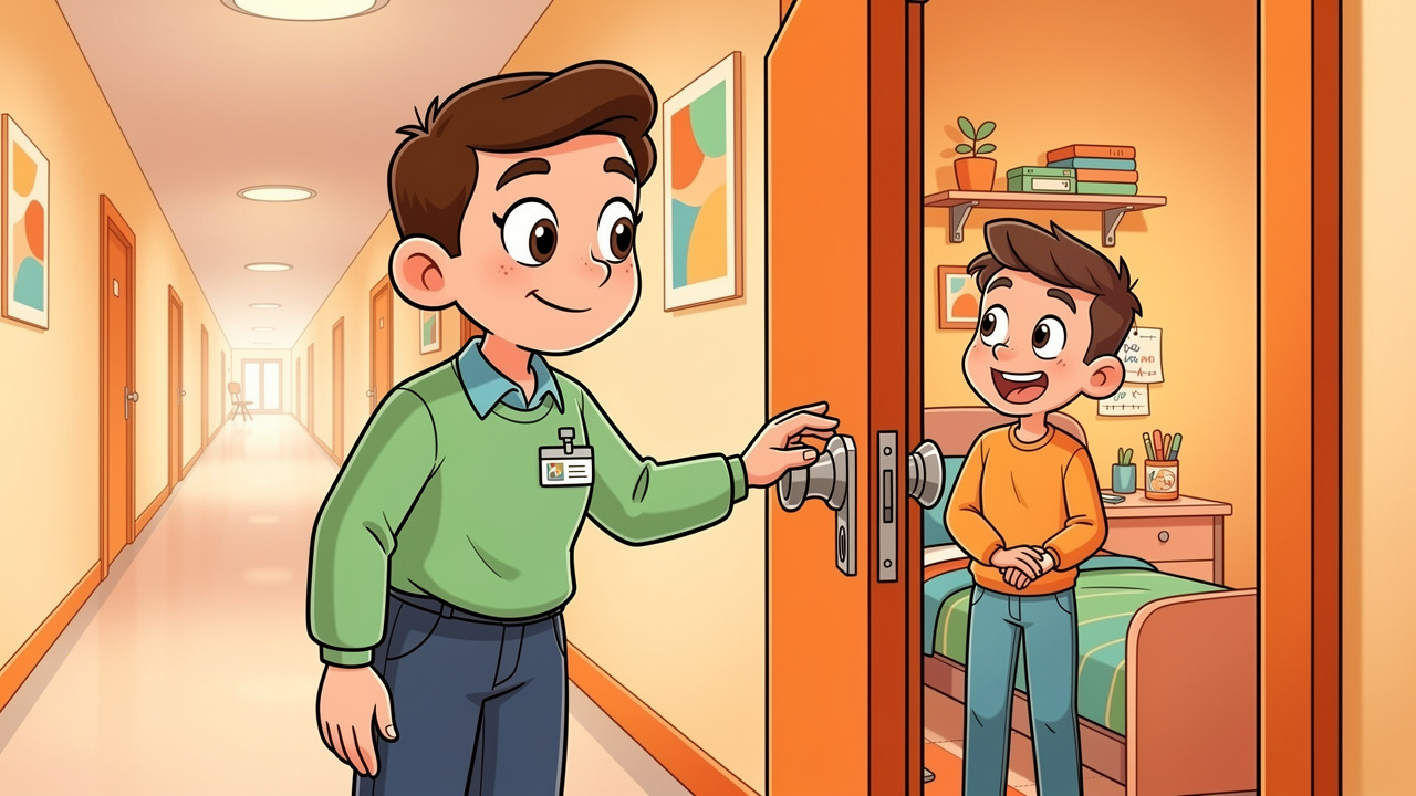 Cartoon accommodation staff visiting a student room in halls