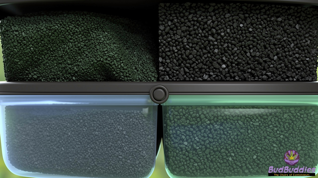 Cartoon cross-section of activated carbon smell proof box
