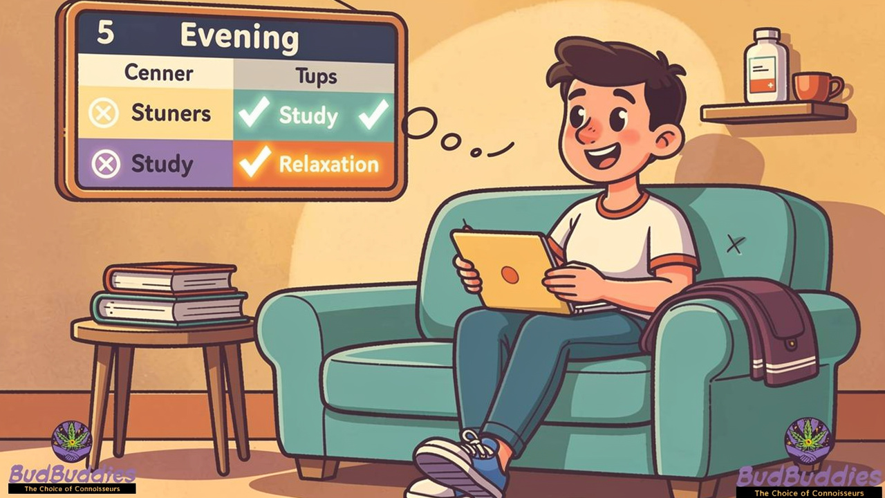 Cartoon adult planning cannabis use around study schedule
