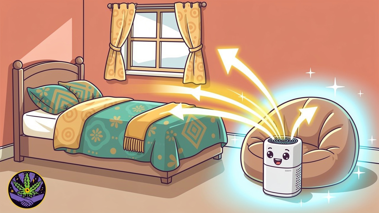 Cartoon bedroom showing correct air purifier placement for weed smell