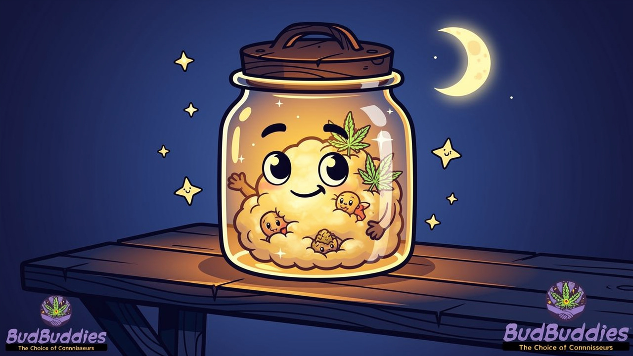 Cartoon airtight jar keeping cannabis fresh in storage
